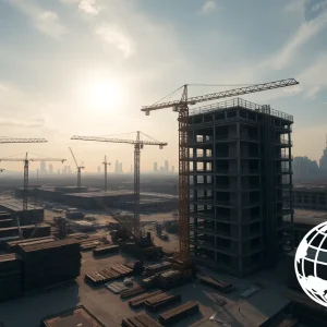 Construction site with cranes and overlay of financial inflation charts