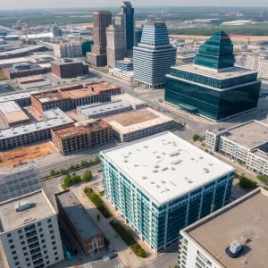 Aerial view of Indianapolis with ongoing construction projects.