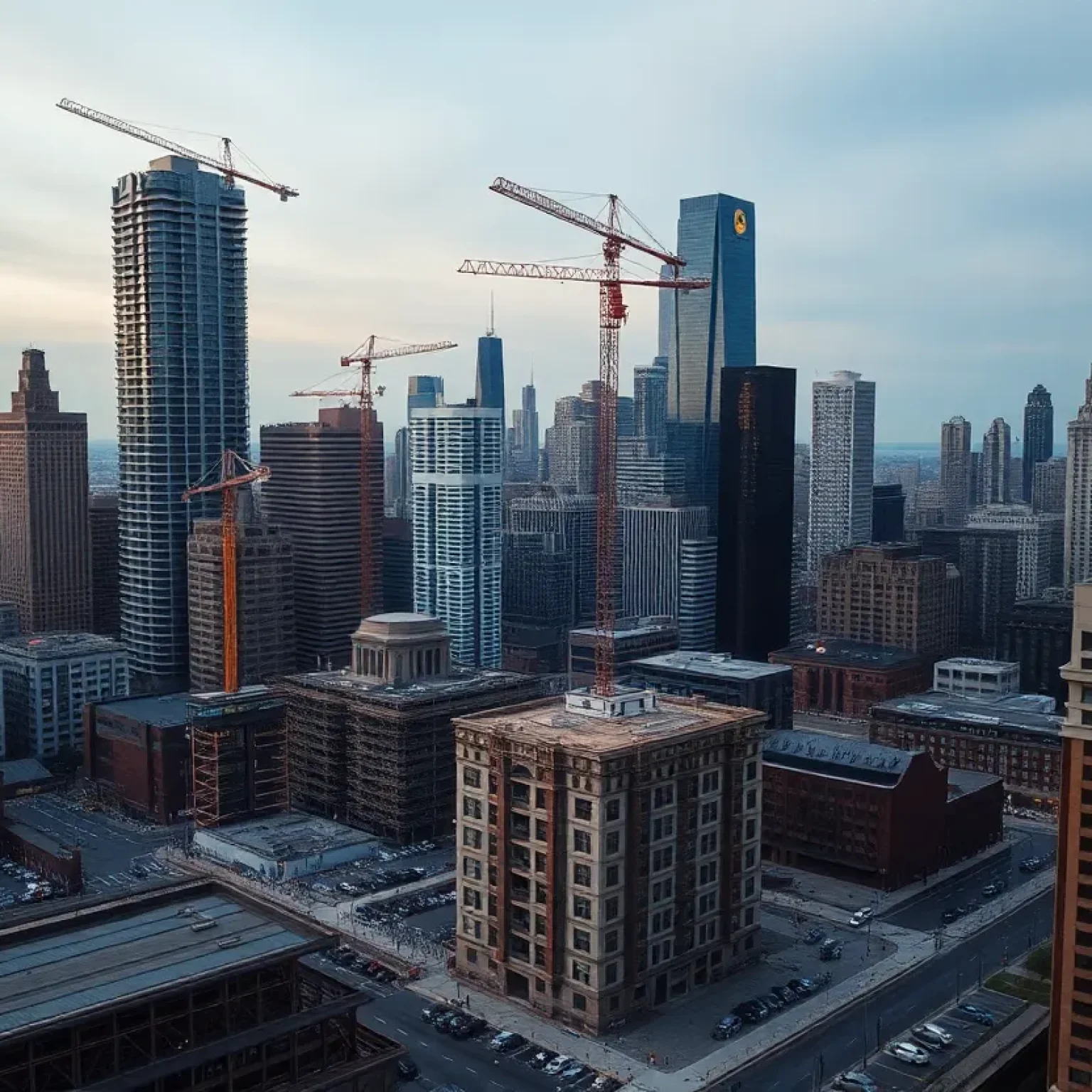 Chicago skyline with construction cranes, a tall rental tower and a small infill building near transit