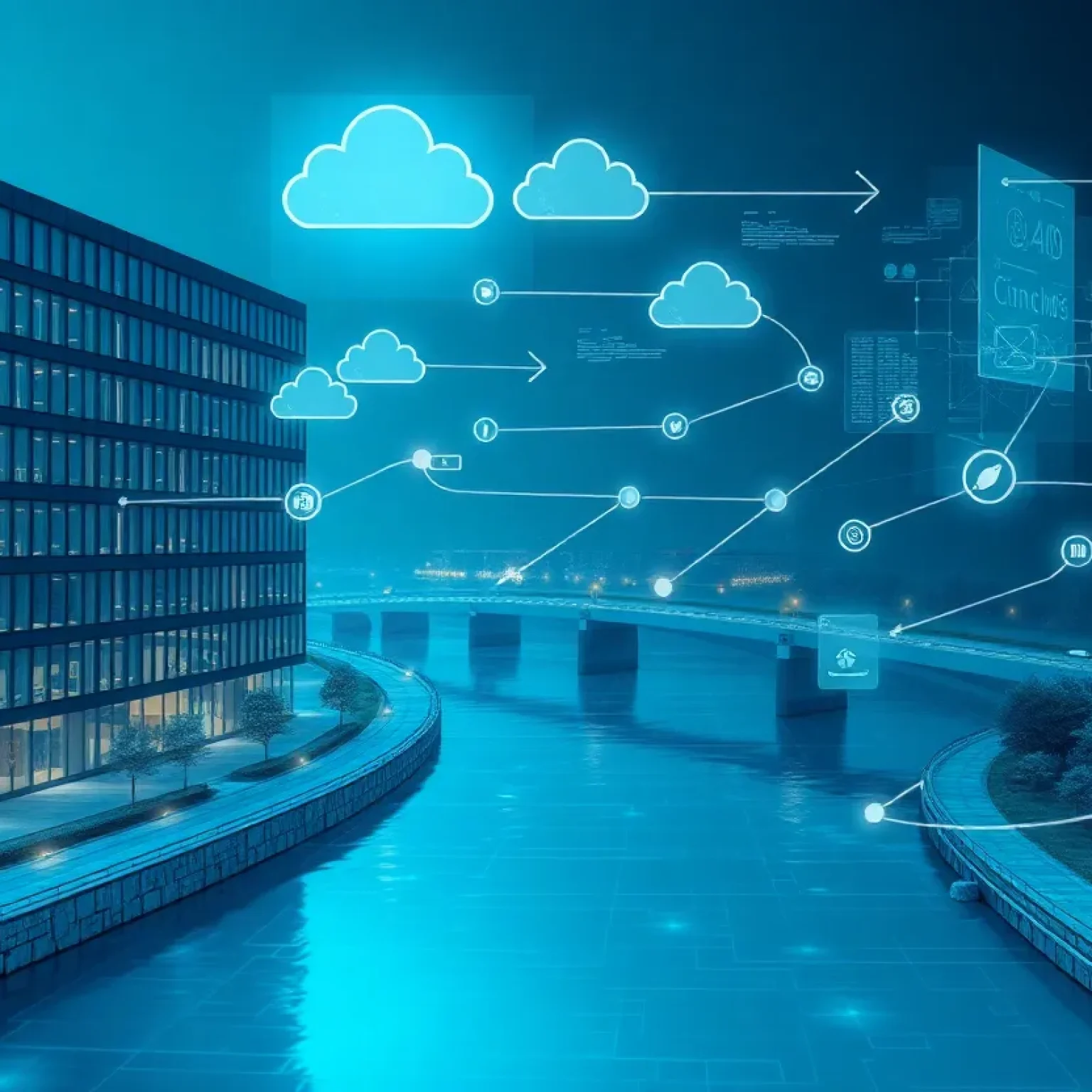 Holographic overlays on a building and river basin showing real-time digital twin data streams and 3D models