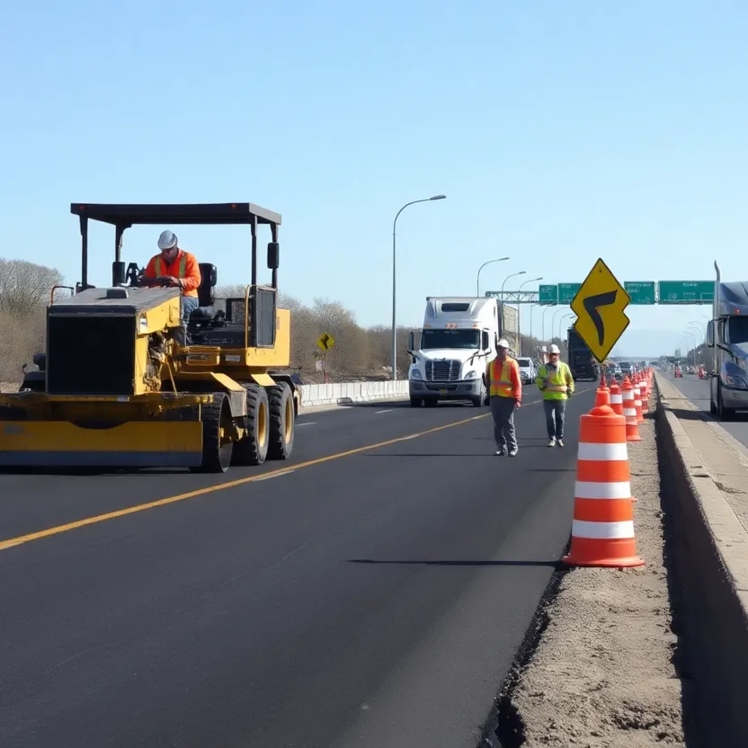 Construction workers resurfacing Illinois Route 26