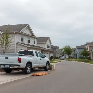 Suburban homes showing vinyl and stucco siding with a parked contractor pickup and stacked siding materials on the driveway