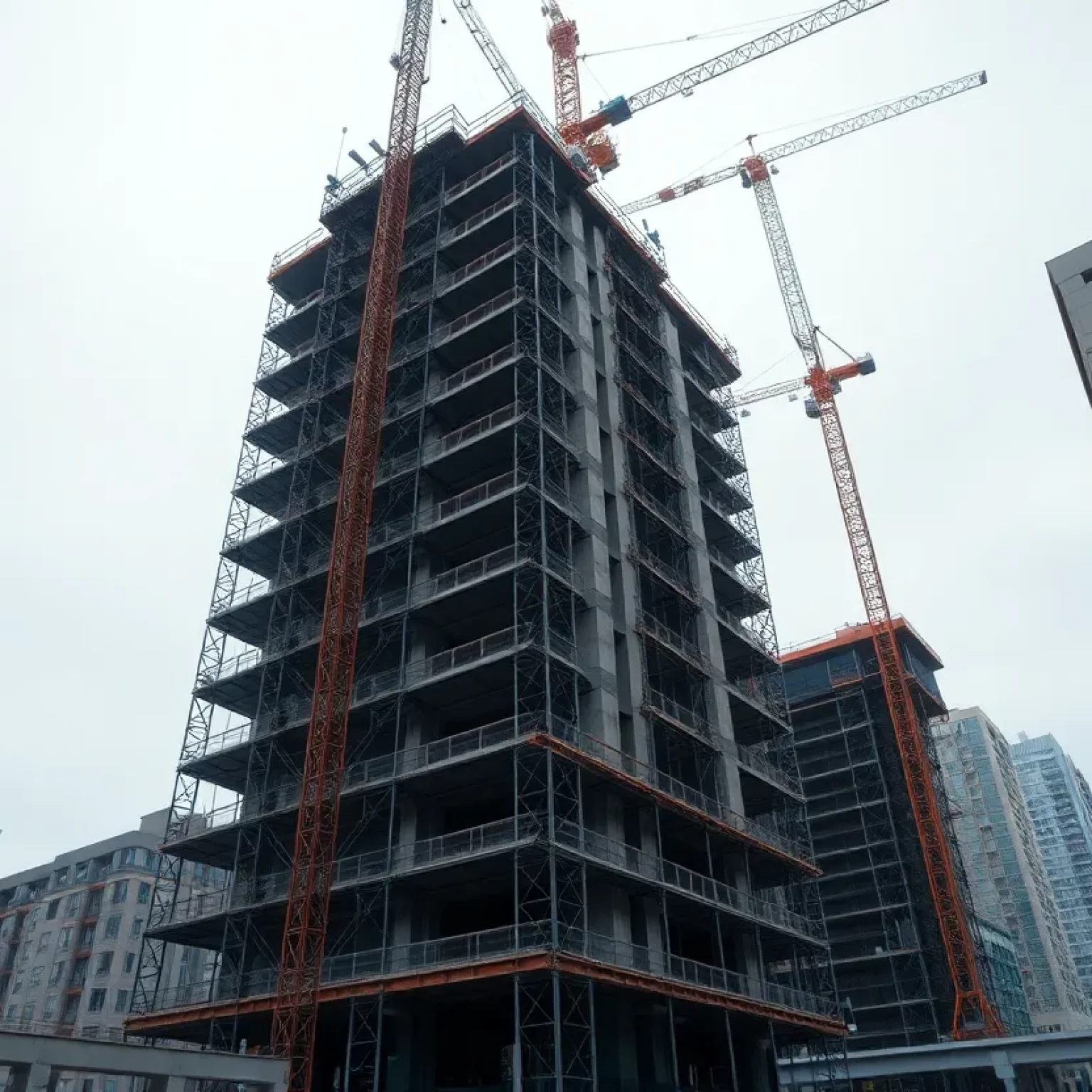 18-storey student housing construction site with cranes and scaffolding in Vancouver